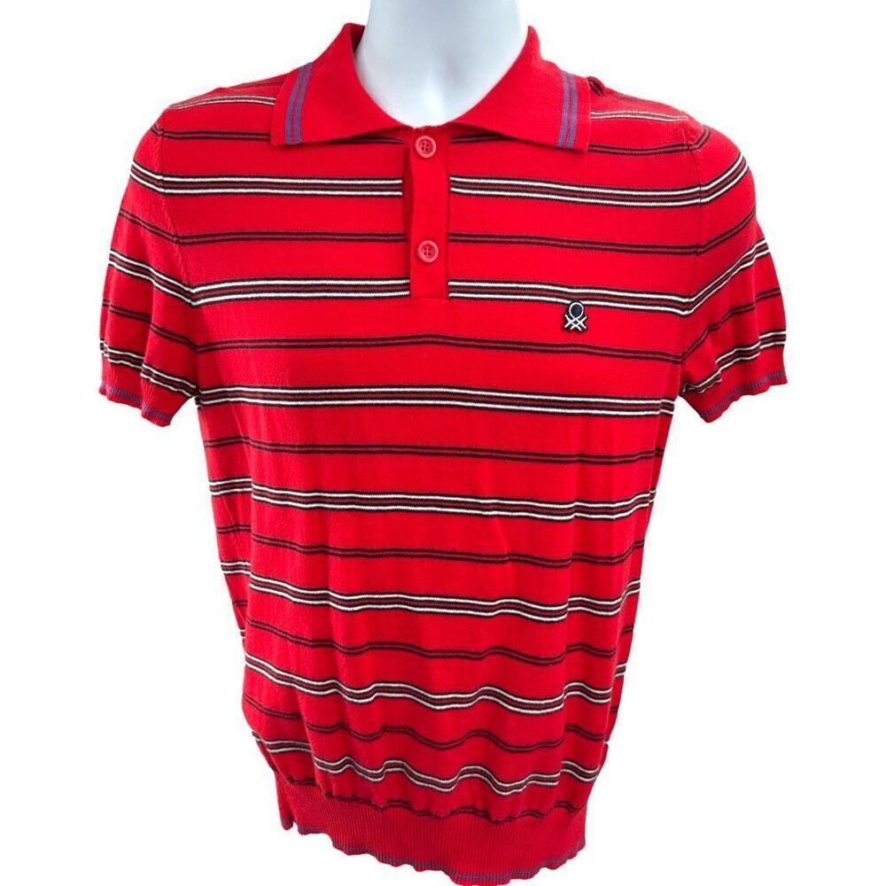 Benetton Red Striped Polo Shirt Men’s Small Italy Knit Retro Y2K Preppy